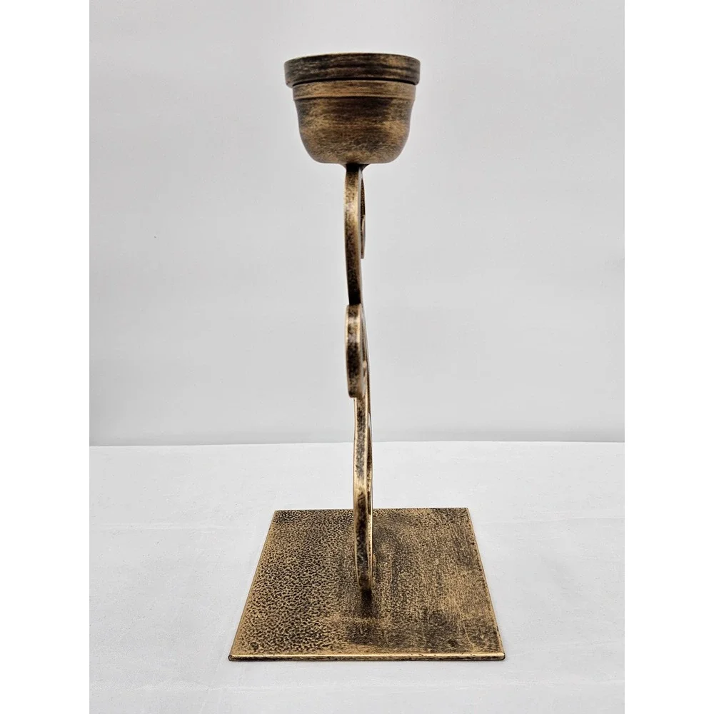 Vintage Style Bronze Metal Scrollwork Pillar Candle Holder 9.5 Inch Centerpiece